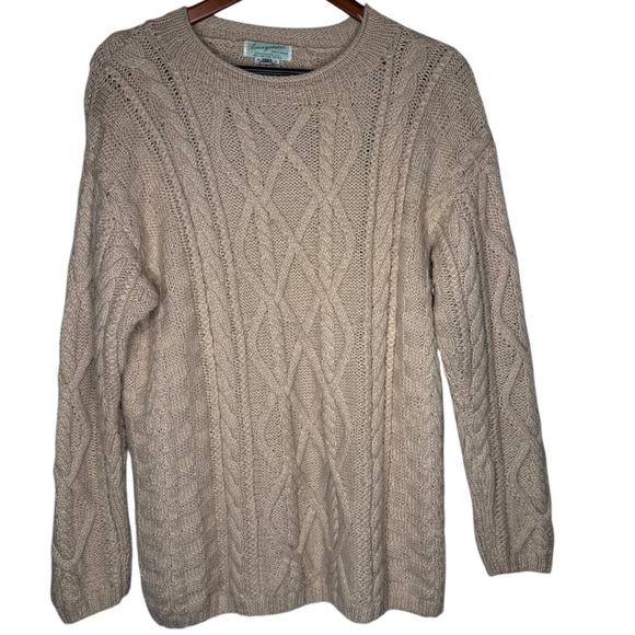 Amazonias Cream Alpaca Wool Fisherman Cable Knit Sweater Sz L Hand Knitted Peru - Picture 2 of 9